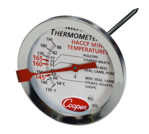 COOPER-323 THERMOMETER MEAT 130/190 DIAL SS 6"STEM DIAL FACE